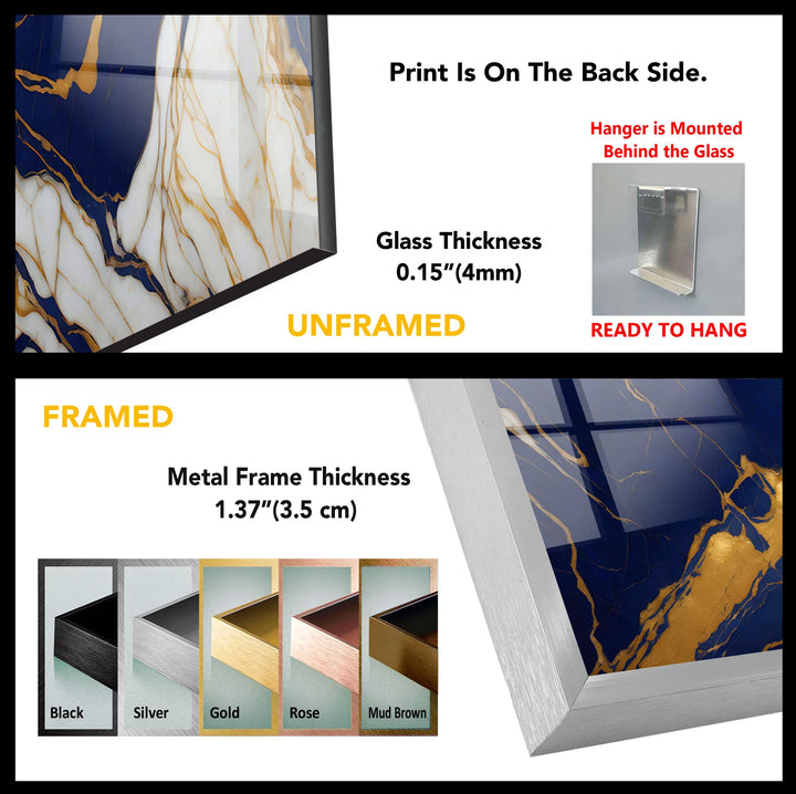 Navy White Marble Wall Art – Luxurious Glass Print with Gold Veins for Elegant and Modern Interiors - MyPhotoStation