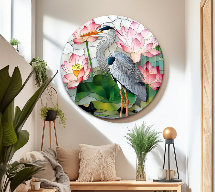 Lotus Serenity – Reiher &amp; rosa Seerosen Glaswandkunst