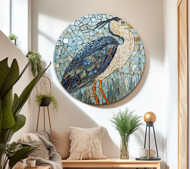 Mosaic Majesty – Blauer Reiher, Glaswandkunst
