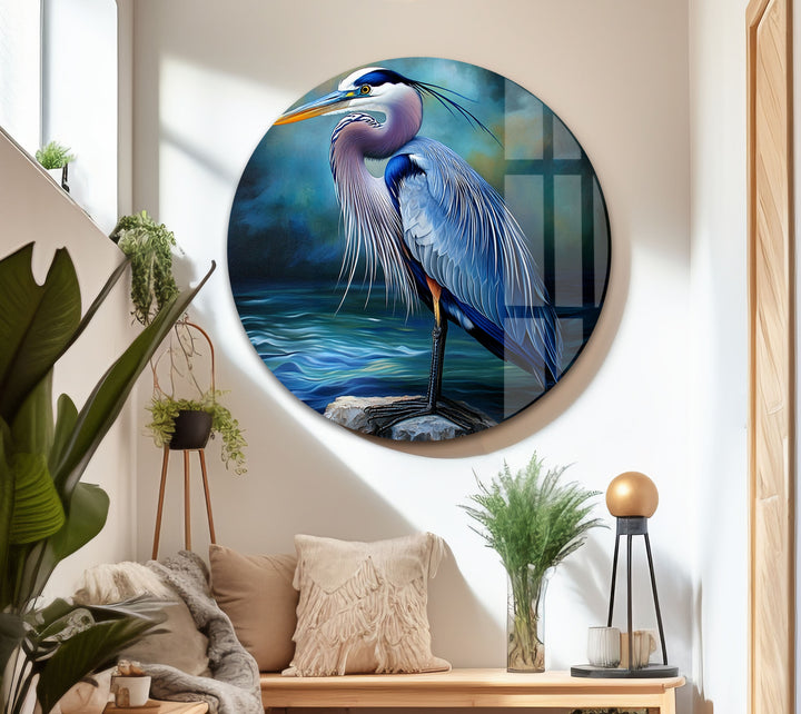 Midnight Grace – Blauer Reiher, realistische Glaswandkunst