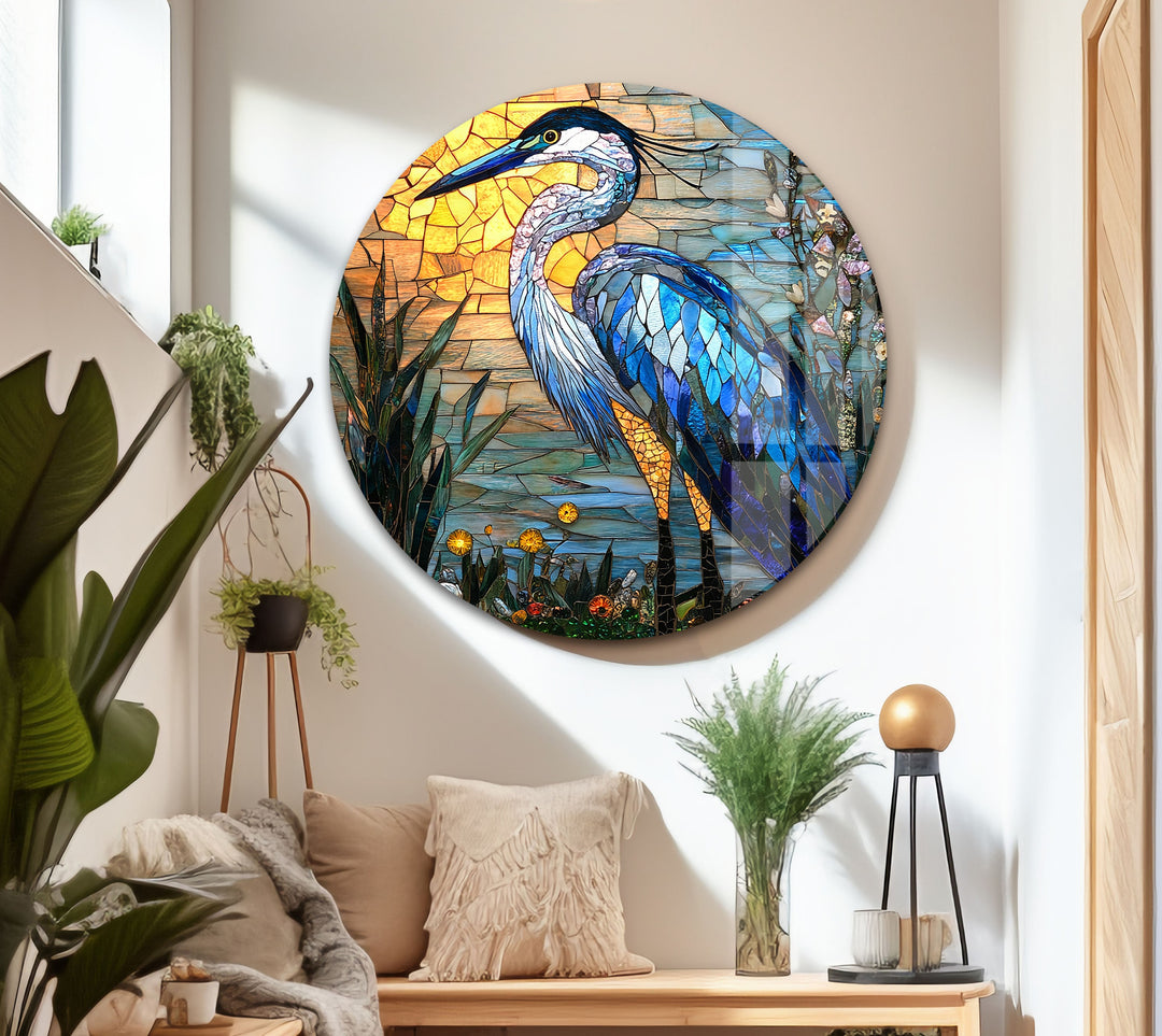 Sunset Majesty – Mosaikreiher-Wandkunst aus Glas