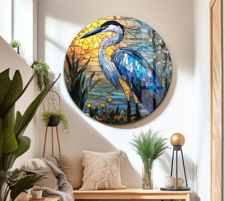 Sunset Majesty – Mosaikreiher-Wandkunst aus Glas