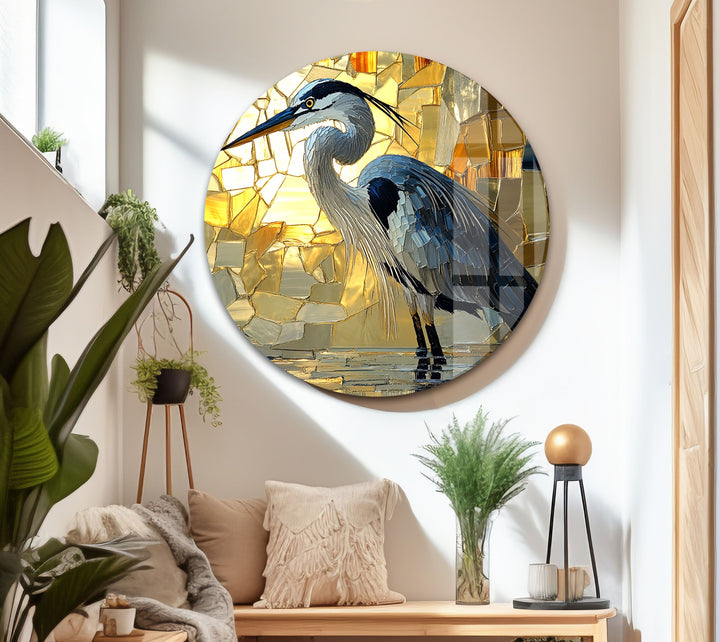 Goldenes Licht – Reiher in Mosaik-Leuchtglas-Wandkunst