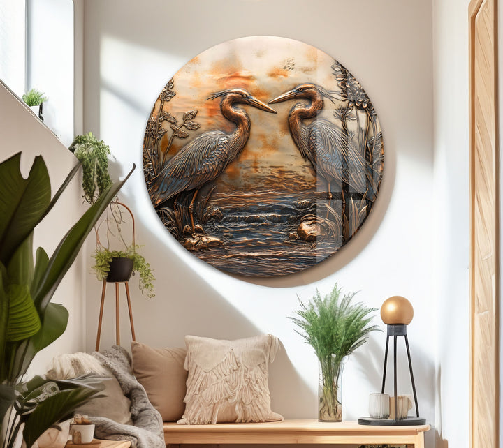 Goldene Reflexion – Zwillingsreiher in Bronze-Relief-Glaswandkunst