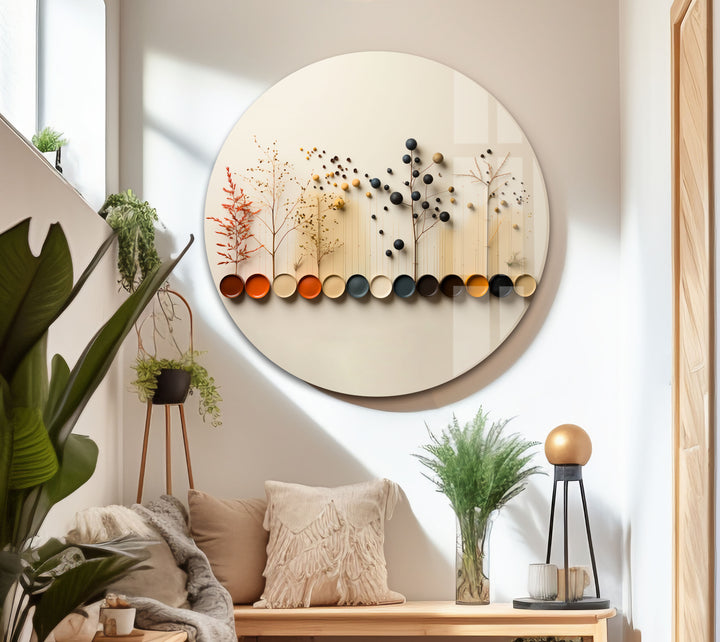 Moderne Naturpalette Wandkunst – Minimalistische Bäume &amp; Farbpunkte Glasdruck