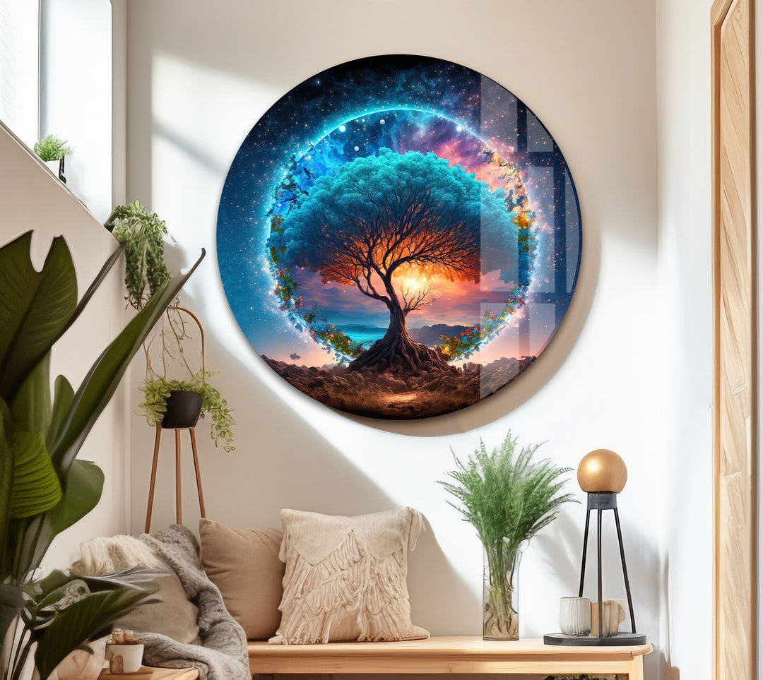 Himmlischer Lebensbaum Wandkunst – Mystisches kosmisches Glas-Wanddekor