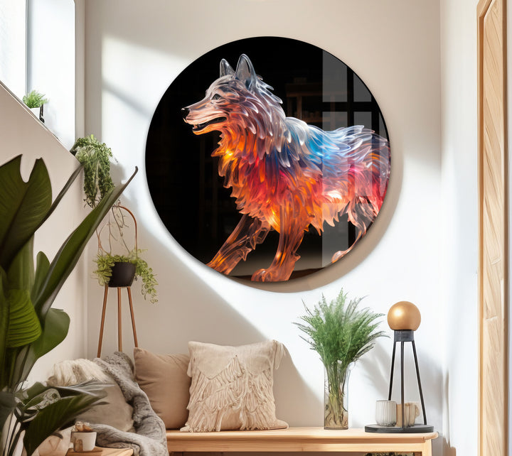 Glowing Wolf Wall Art – Abstract Fiery Glass Sculpture Print Design