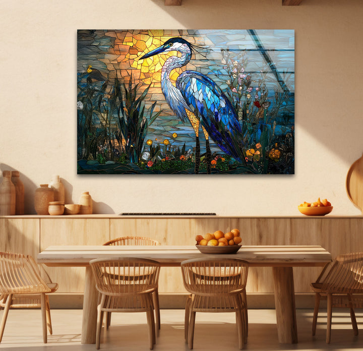 Sunset Majesty – Mosaikreiher-Wandkunst aus Glas
