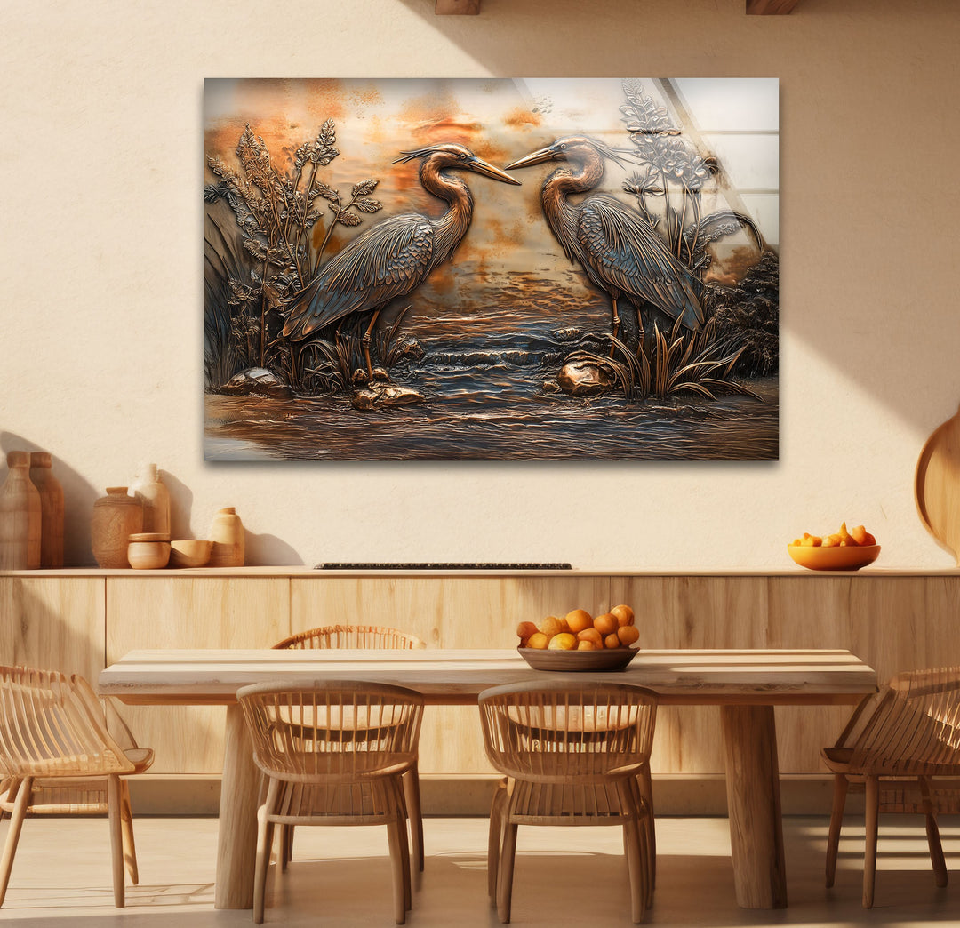Goldene Reflexion – Zwillingsreiher in Bronze-Relief-Glaswandkunst