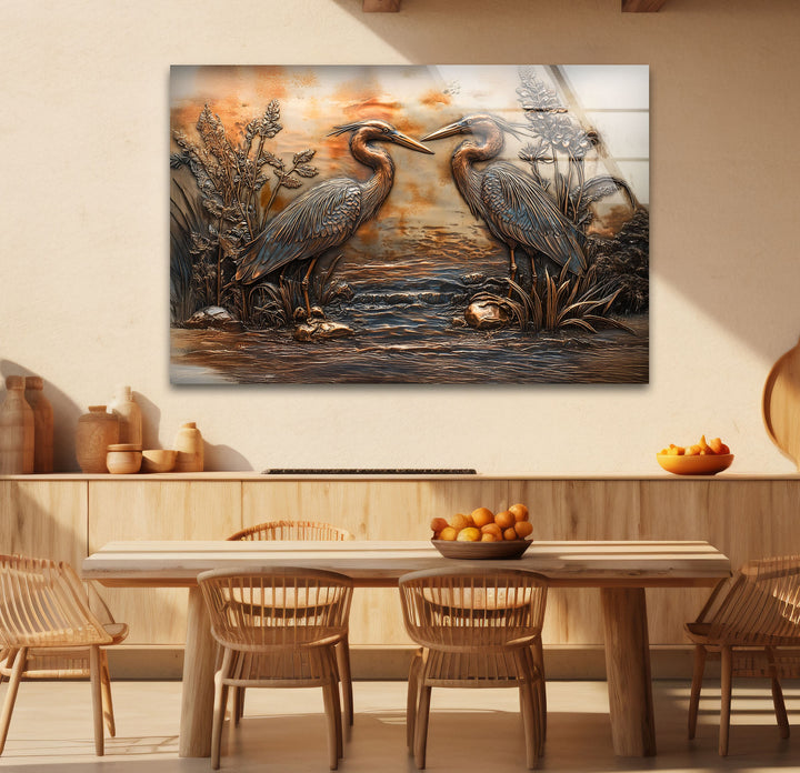 Goldene Reflexion – Zwillingsreiher in Bronze-Relief-Glaswandkunst