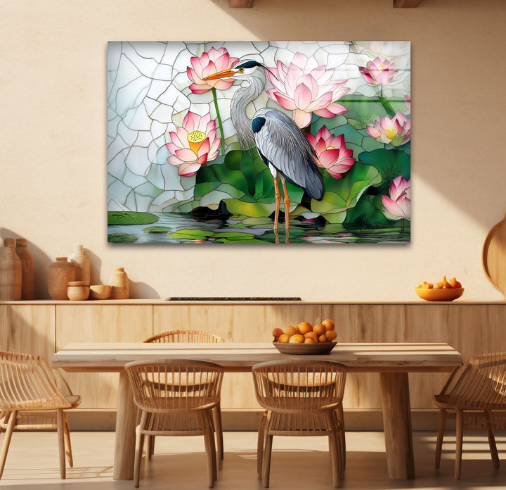 Lotus Serenity – Reiher &amp; rosa Seerosen Glaswandkunst