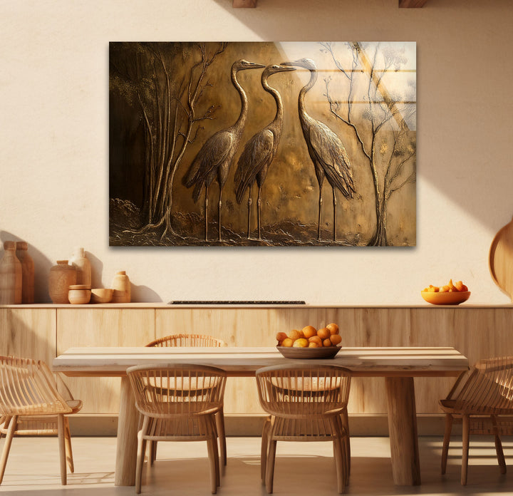 Zeitloses Trio – Bronzenes Kranich-Relief-Glaswandkunstwerk