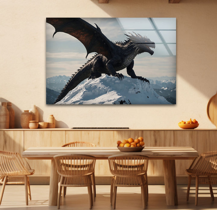 Majestic Dragon: A dragon atop a snowy mountain, creating a bold atmosphere.
