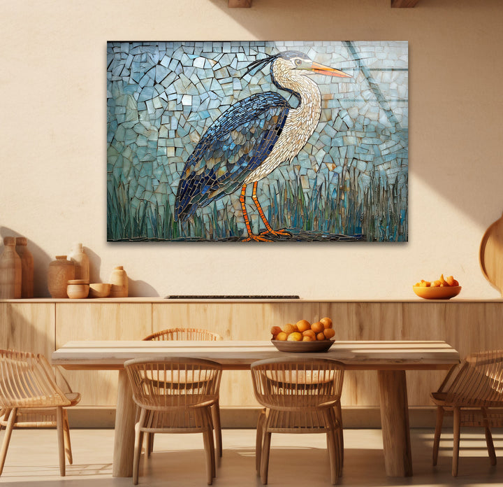 Mosaic Majesty – Blauer Reiher, Glaswandkunst