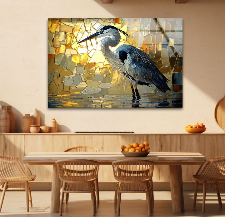 Goldenes Licht – Reiher in Mosaik-Leuchtglas-Wandkunst