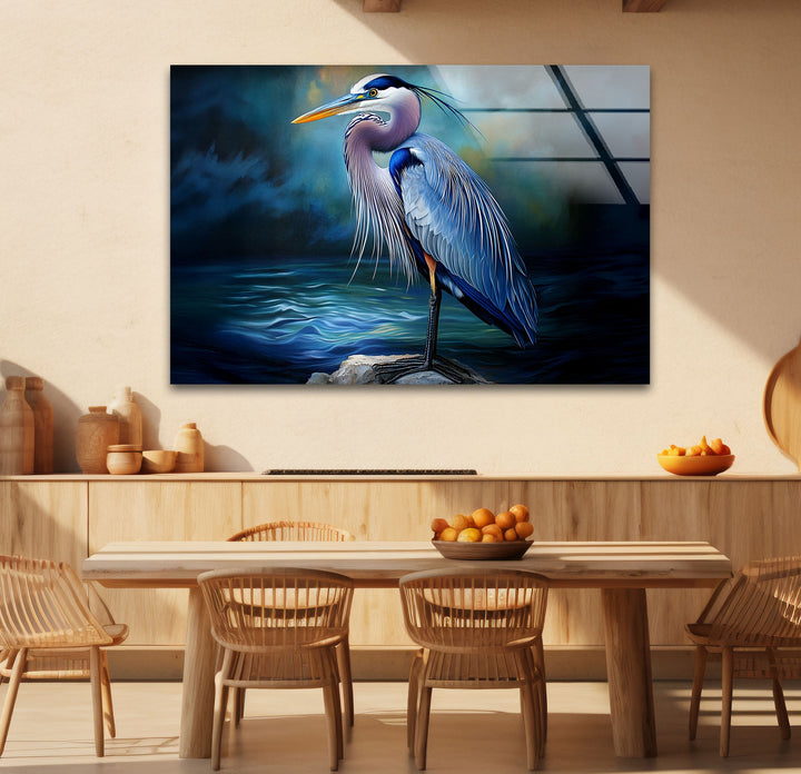 Midnight Grace – Blauer Reiher, realistische Glaswandkunst