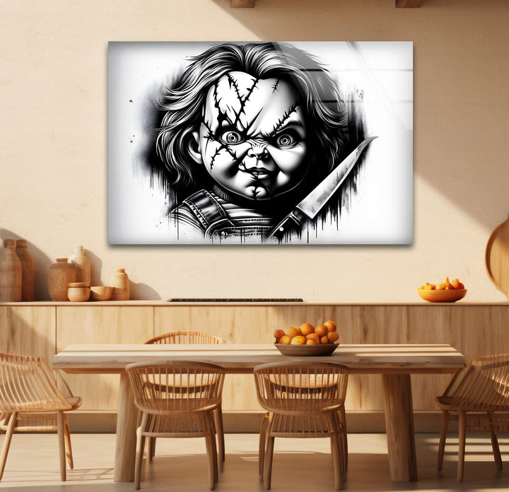Captivating black and white abstract art of Chucky, combining horror and creativity in a dynamic design.