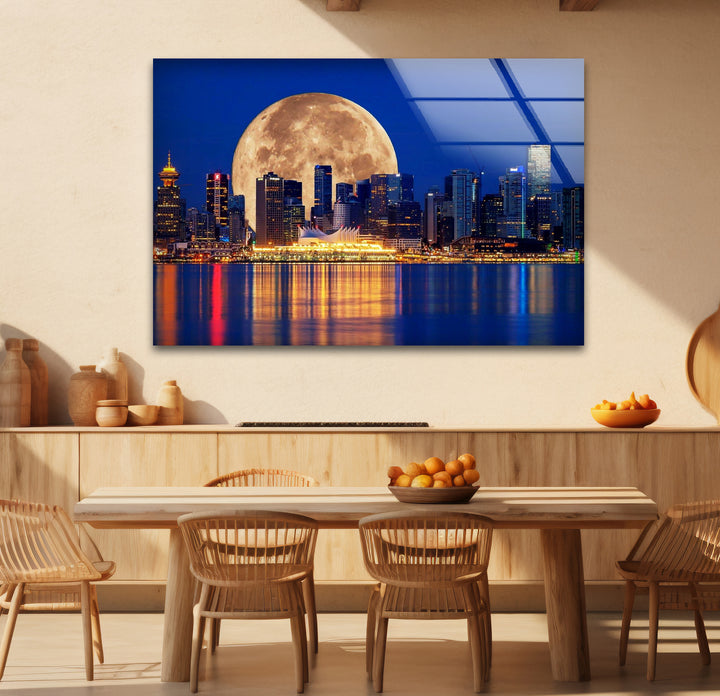 Vancouver Skyline Glass Wall Art – Supermoon Over City Lights