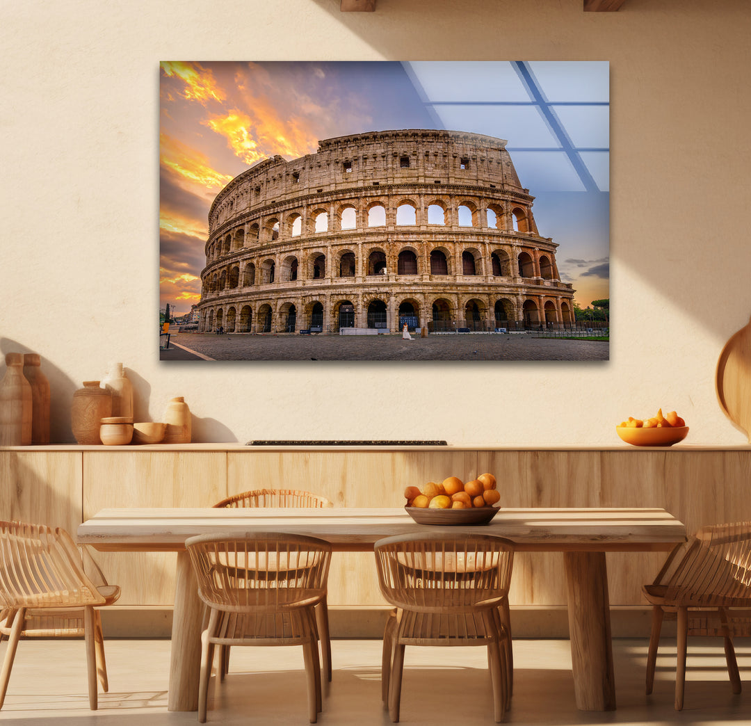 Rome Colosseum Glass Wall Art – Historic Landmark at Sunset