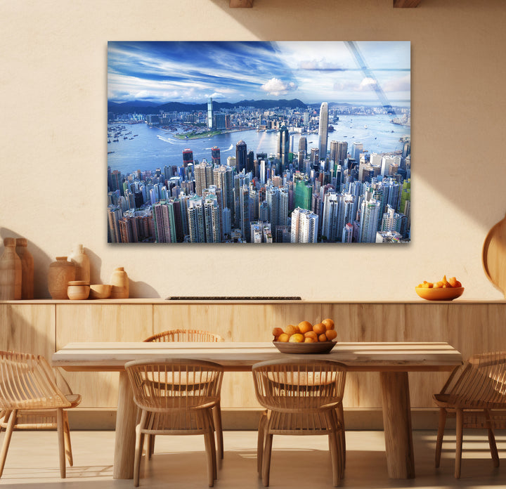 Glaswandkunst mit Skyline von Hongkong – Stadtbild und Hafen aus der Luft