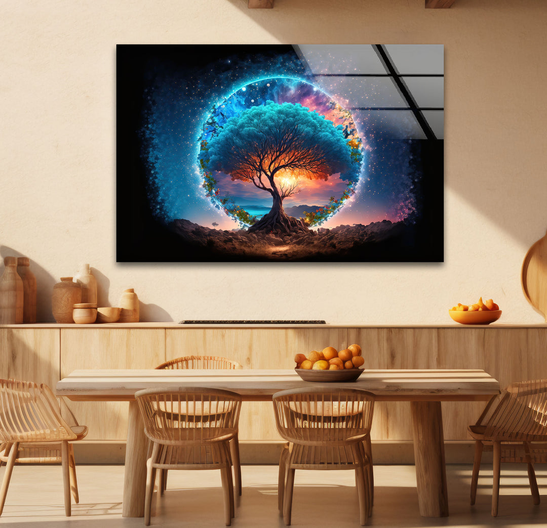 Himmlischer Lebensbaum Wandkunst – Mystisches kosmisches Glas-Wanddekor