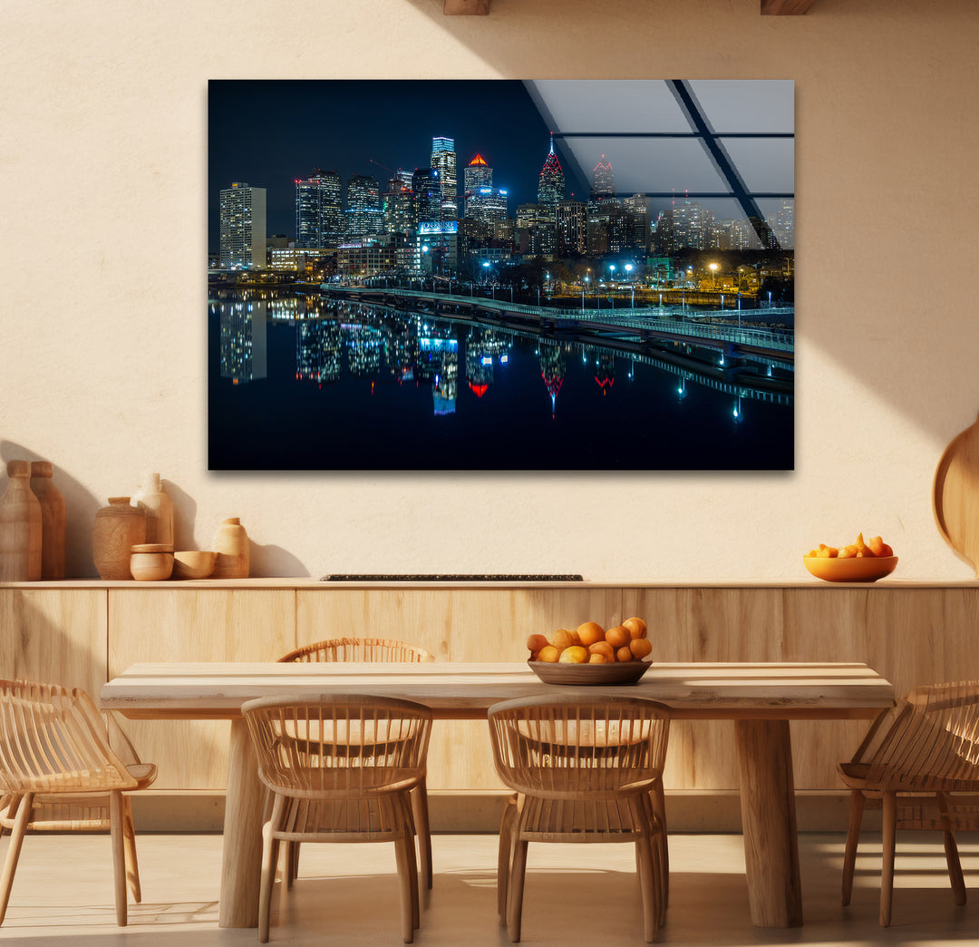 Philadelphia Glaswandkunst – Skyline-Reflexionen bei Nacht