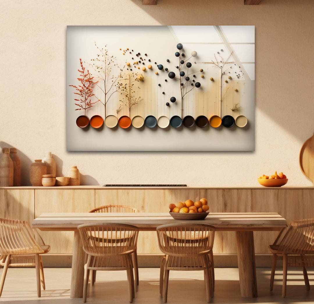 Moderne Naturpalette Wandkunst – Minimalistische Bäume &amp; Farbpunkte Glasdruck