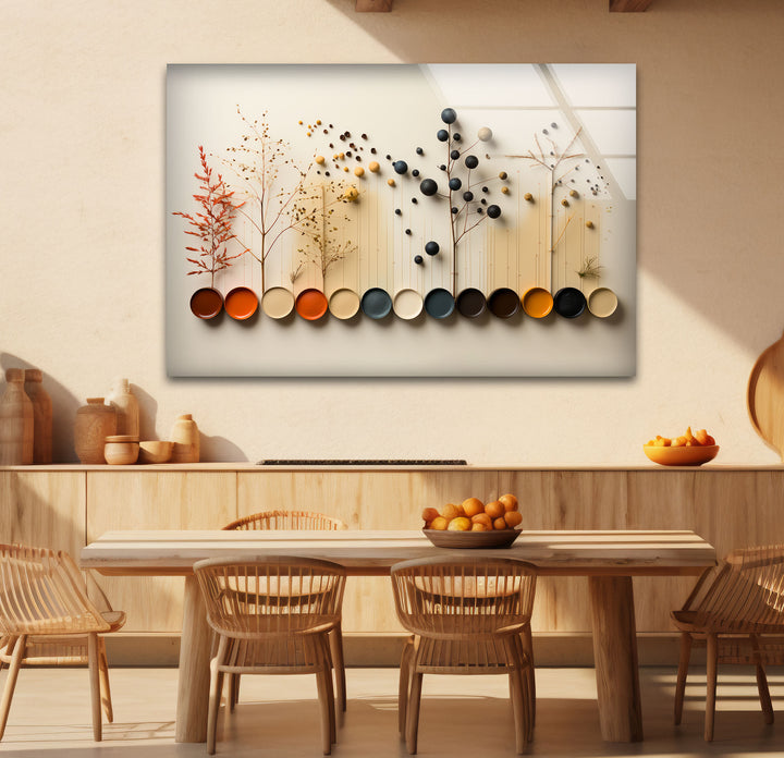 Moderne Naturpalette Wandkunst – Minimalistische Bäume &amp; Farbpunkte Glasdruck