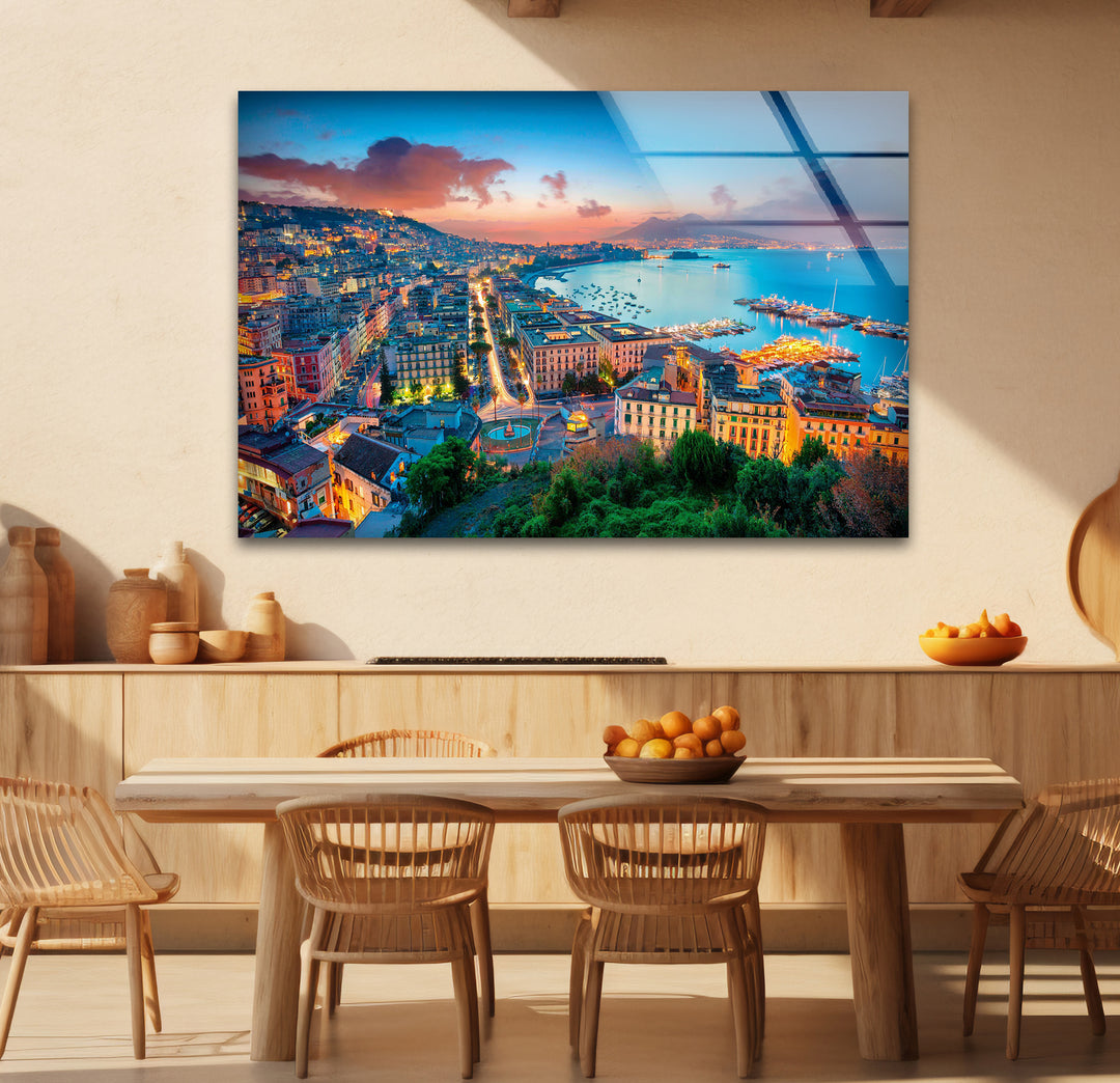 Glaswandkunst mit Skyline von Neapel – Blick auf die Bucht bei Sonnenuntergang und die Stadtlandschaft