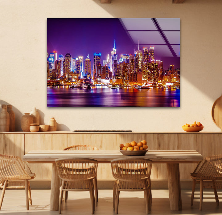New York City Glaswandkunst – Beleuchtete Skyline bei Nacht