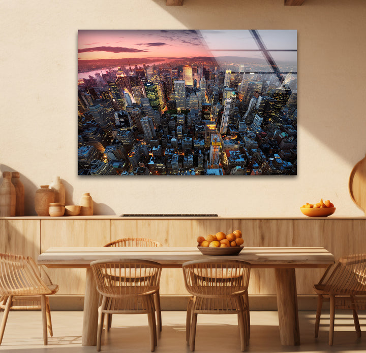 New York City Glaswandkunst – Luftaufnahme bei Sonnenuntergang