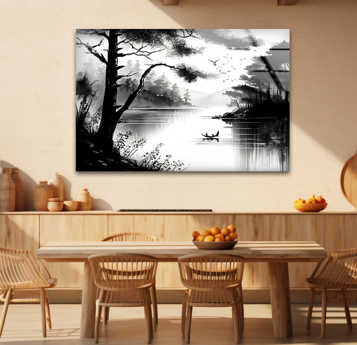Bold black and white framed art of a serene lake view, combining natural beauty with artistic elegance.