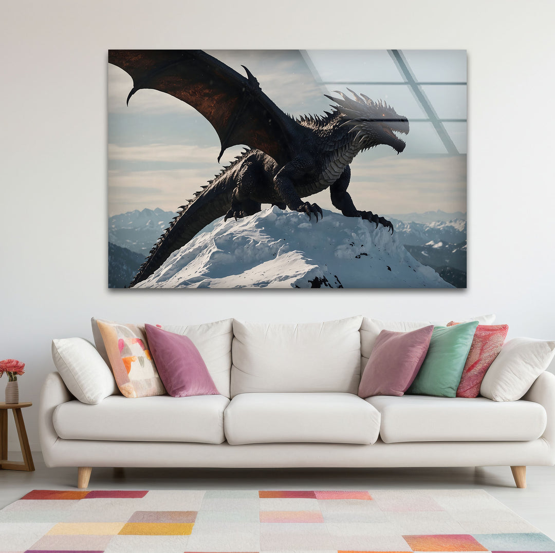 Majestic Dragon: A fierce dragon on a snowy peak, perfect for fantasy decor.
