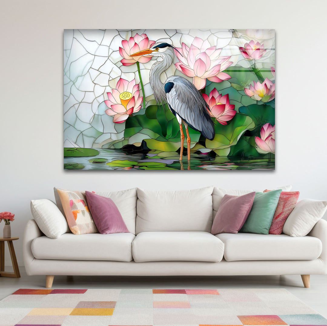 Lotus Serenity – Reiher &amp; rosa Seerosen Glaswandkunst