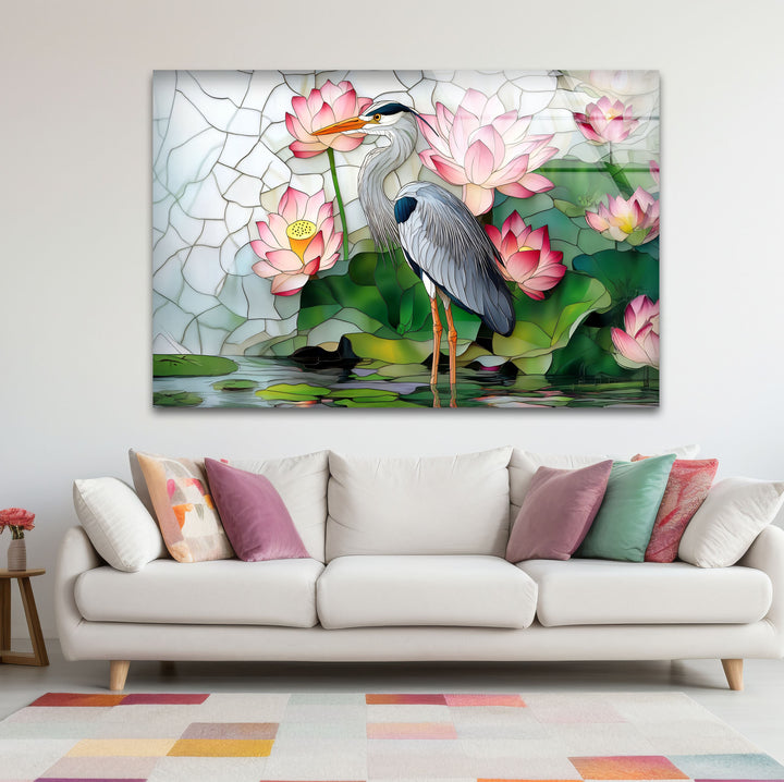 Lotus Serenity – Reiher &amp; rosa Seerosen Glaswandkunst