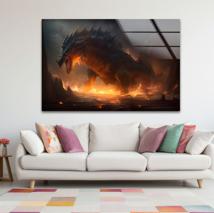 A dragon in flames, perfect for fantasy enthusiasts looking for bold decor.
