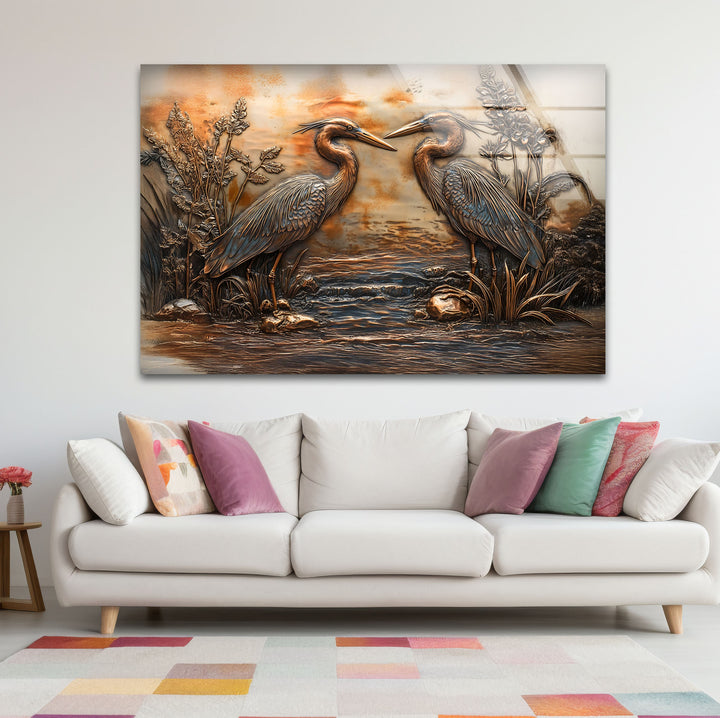 Goldene Reflexion – Zwillingsreiher in Bronze-Relief-Glaswandkunst