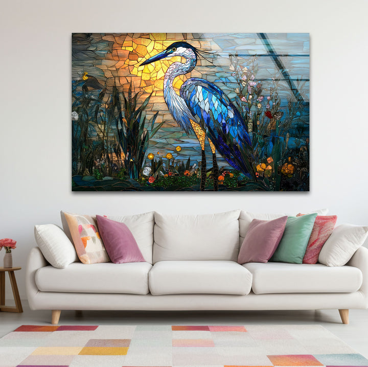 Sunset Majesty – Mosaikreiher-Wandkunst aus Glas
