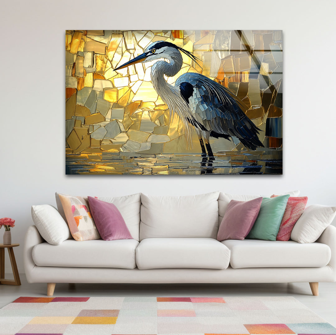 Goldenes Licht – Reiher in Mosaik-Leuchtglas-Wandkunst