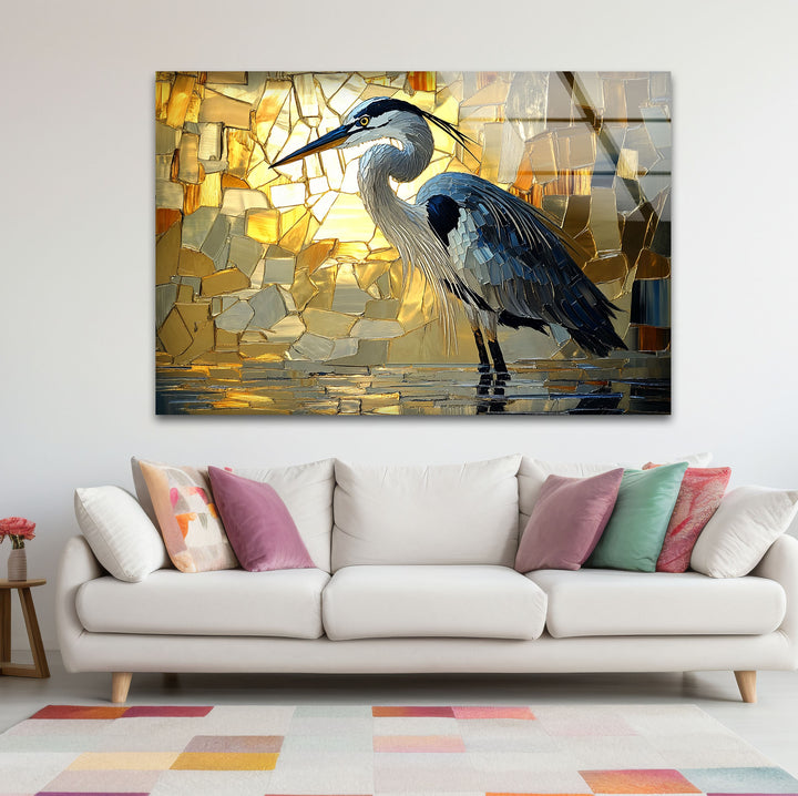 Goldenes Licht – Reiher in Mosaik-Leuchtglas-Wandkunst