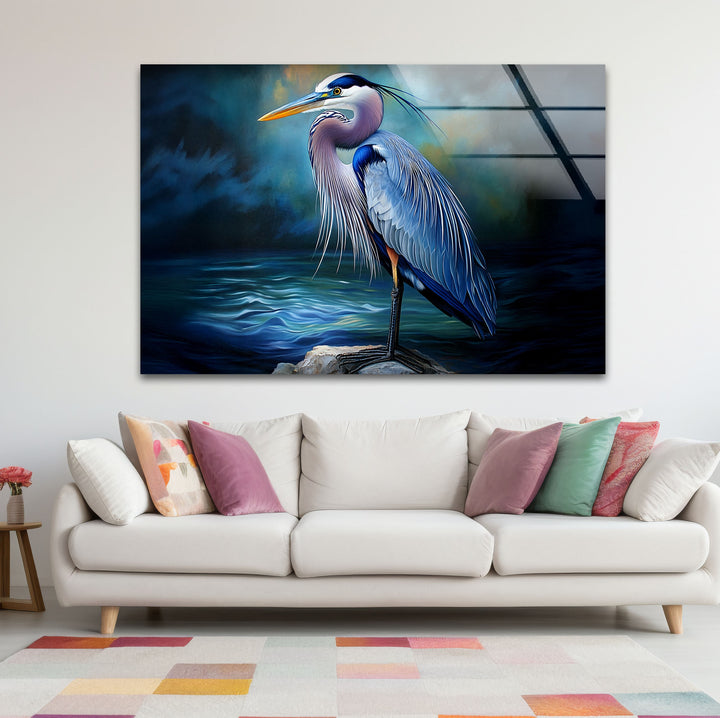 Midnight Grace – Blauer Reiher, realistische Glaswandkunst