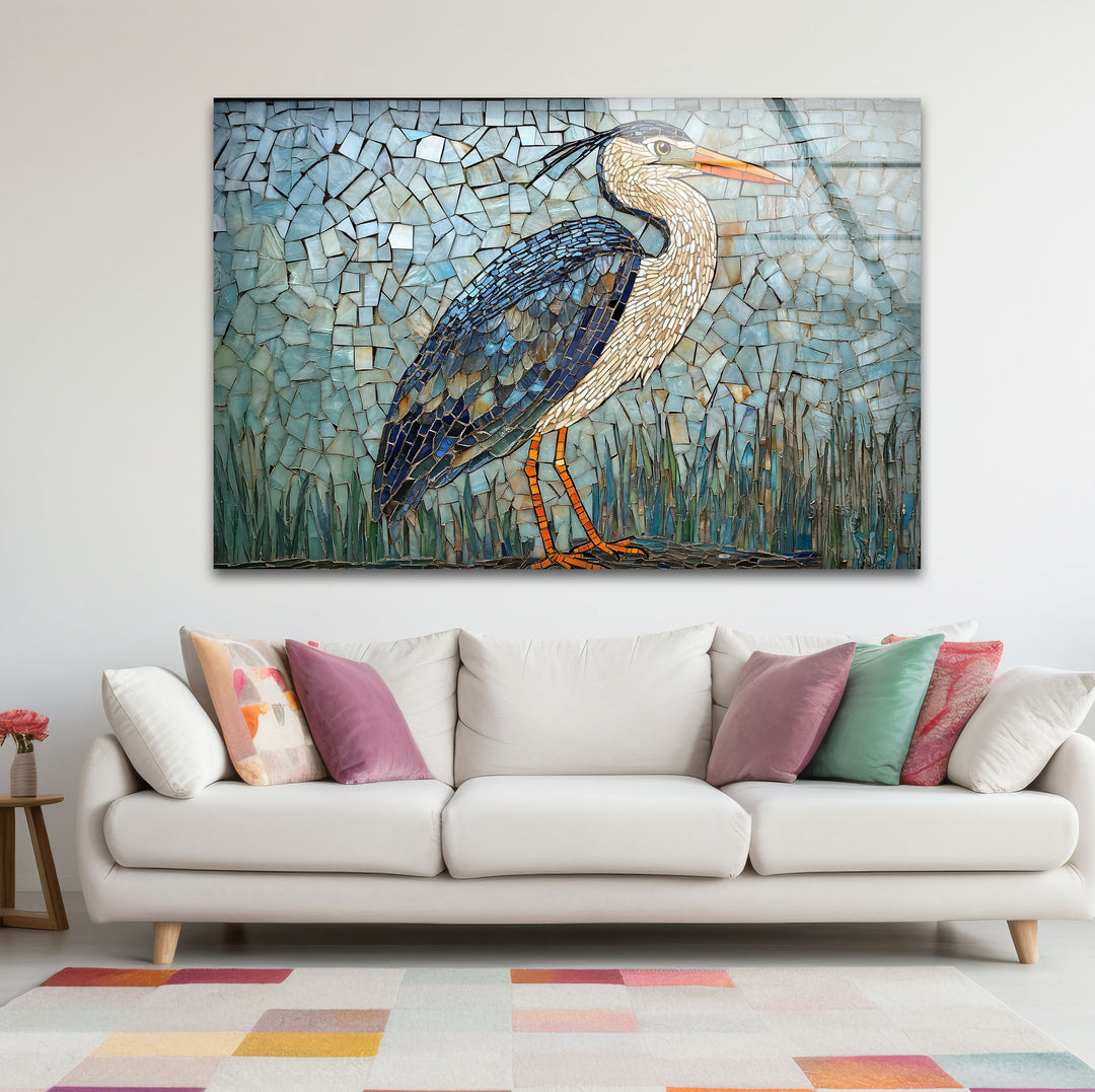Mosaic Majesty – Blauer Reiher, Glaswandkunst