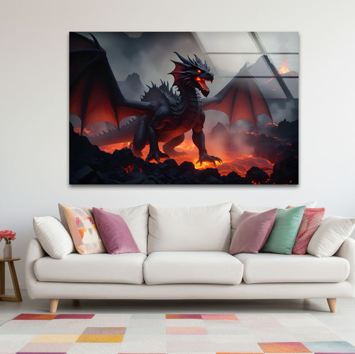 A powerful red dragon, breathing fire, in the heart of a volcanic eruption, printed on high-quality tempered glass.
