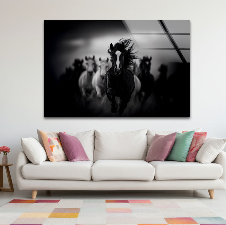 Captivating black and white abstract art of running horses, blending motion with creative design.