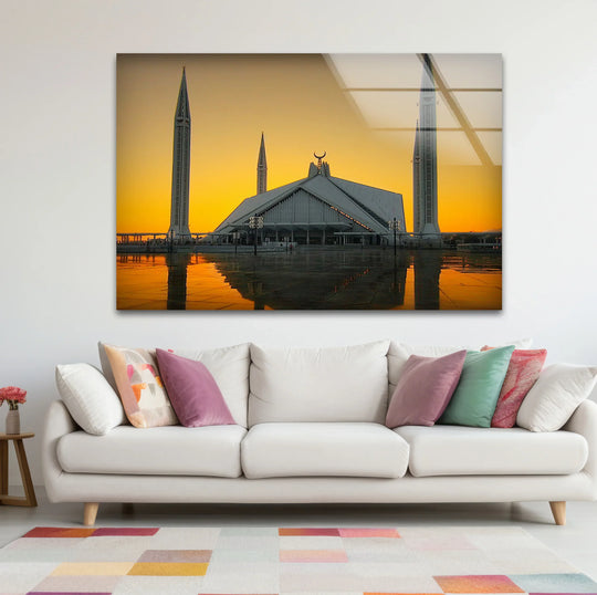 Shadows accentuate the architectural details of the Faisal Mosque in this glass art painting, with golden light reflecting off the pool in front of the landmark.