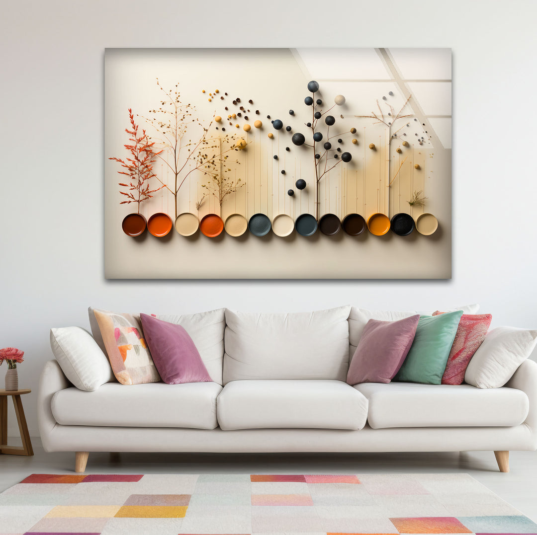Moderne Naturpalette Wandkunst – Minimalistische Bäume &amp; Farbpunkte Glasdruck