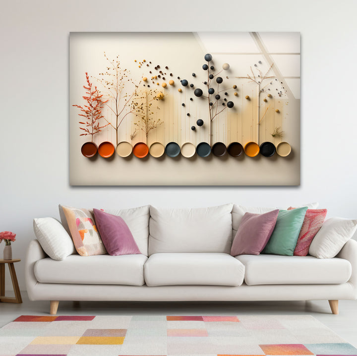Moderne Naturpalette Wandkunst – Minimalistische Bäume &amp; Farbpunkte Glasdruck