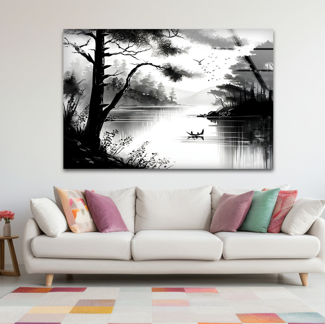 Unique black and white wall decor showcasing a dramatic lake landscape in a minimalist style.