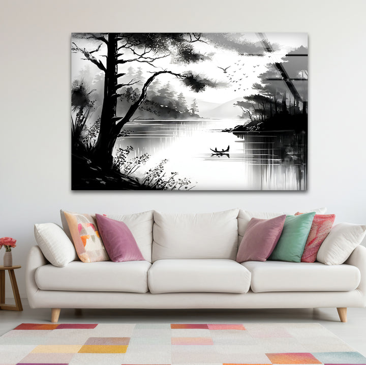 Unique black and white wall decor showcasing a dramatic lake landscape in a minimalist style.
