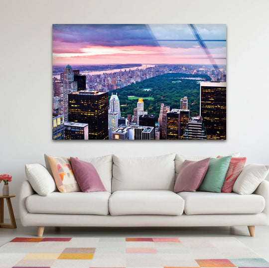 City Prints featuring skyline and Central Park at sunset and horizontal glass wall art with sunset colors and New York City view provides urban elegance